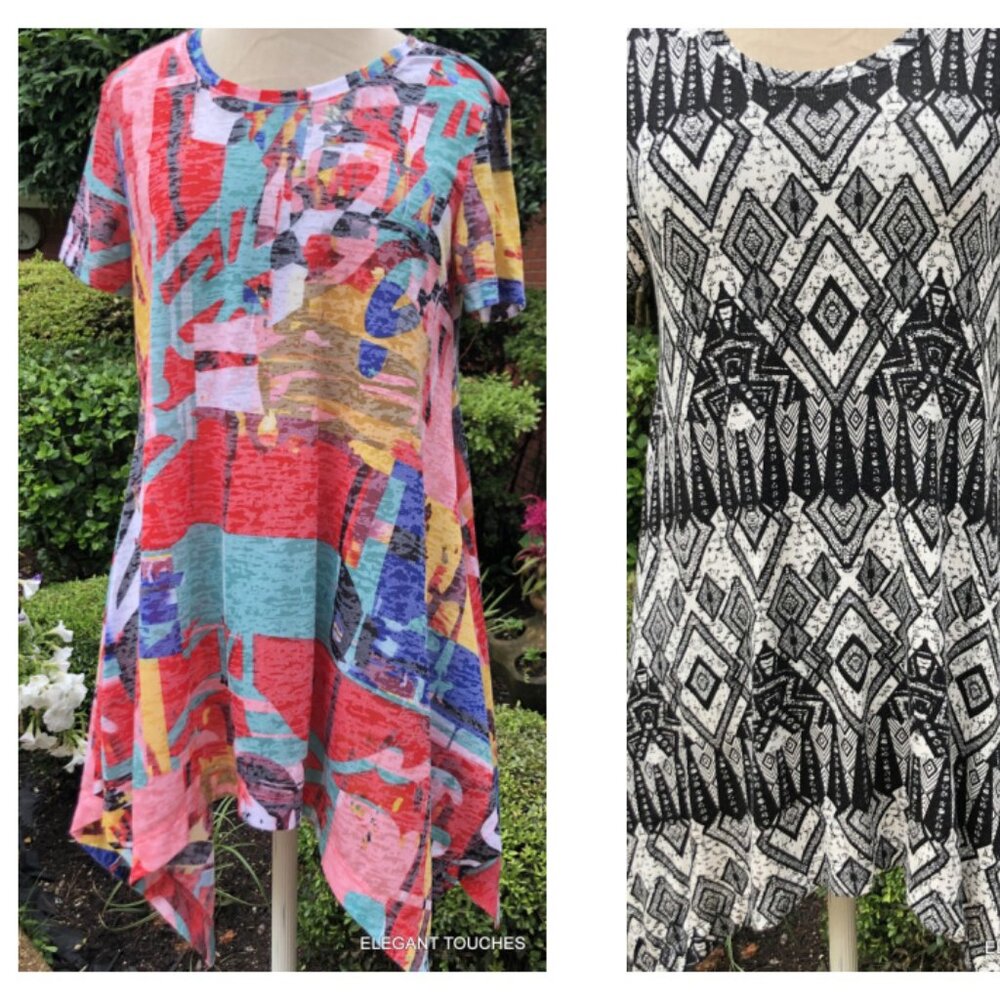 Chelsea & Theodore Tunic Knit T-Shirt Top S Short Sleeve Assymetric Hem LOT of 2